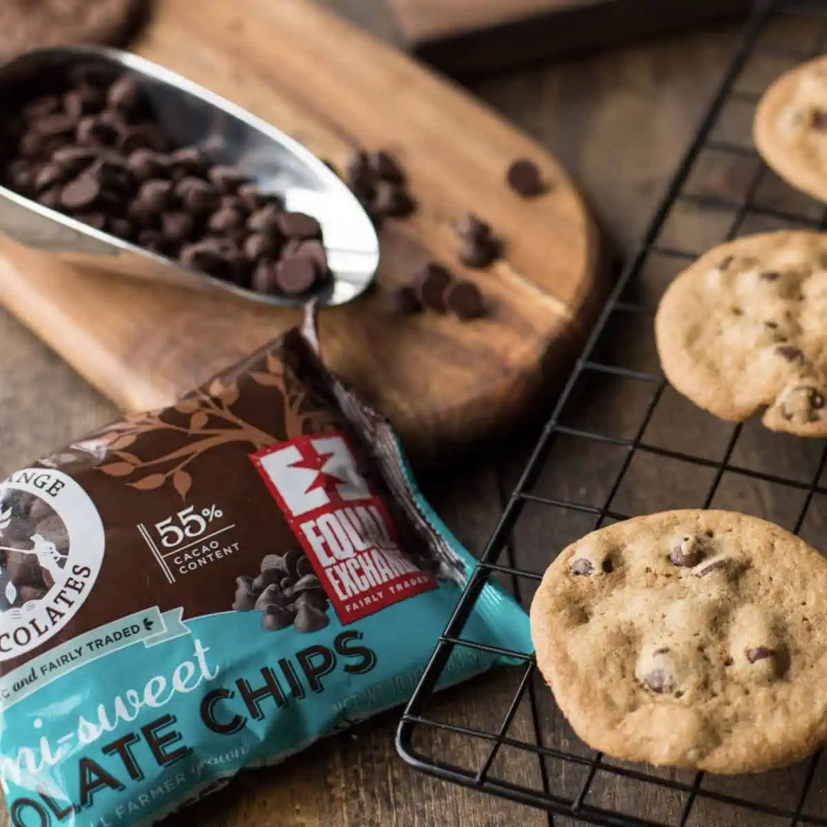 Cookies with a bag of Equal Exchange ethically sourced chocolate chips.