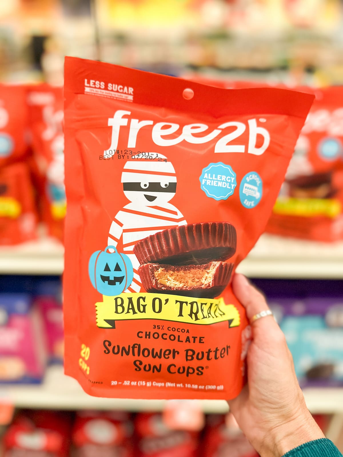 Bag of Free2b sunflower butter cups, a vegan Halloween candy option.
