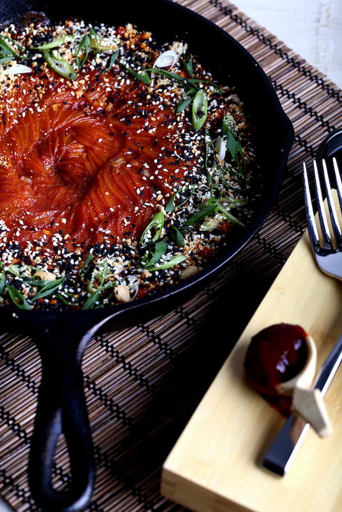 Sliced and swirled sweet potato with gochujang glaze.