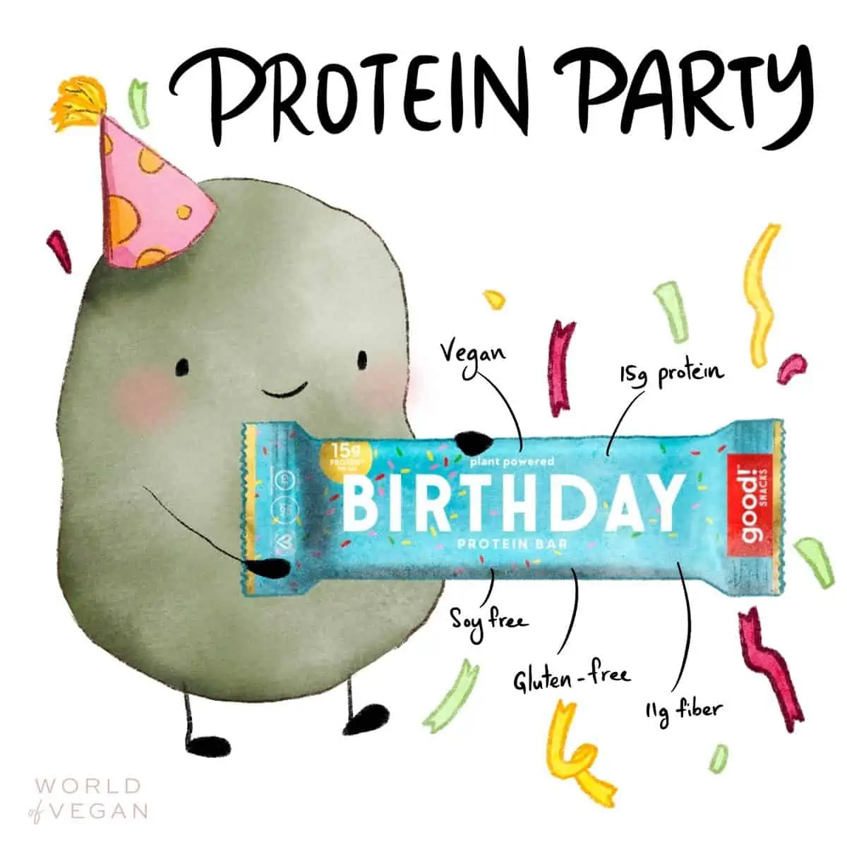 Art illustration showing a fava bean holding up a birthday cake vegan protein bar by good Snacks.