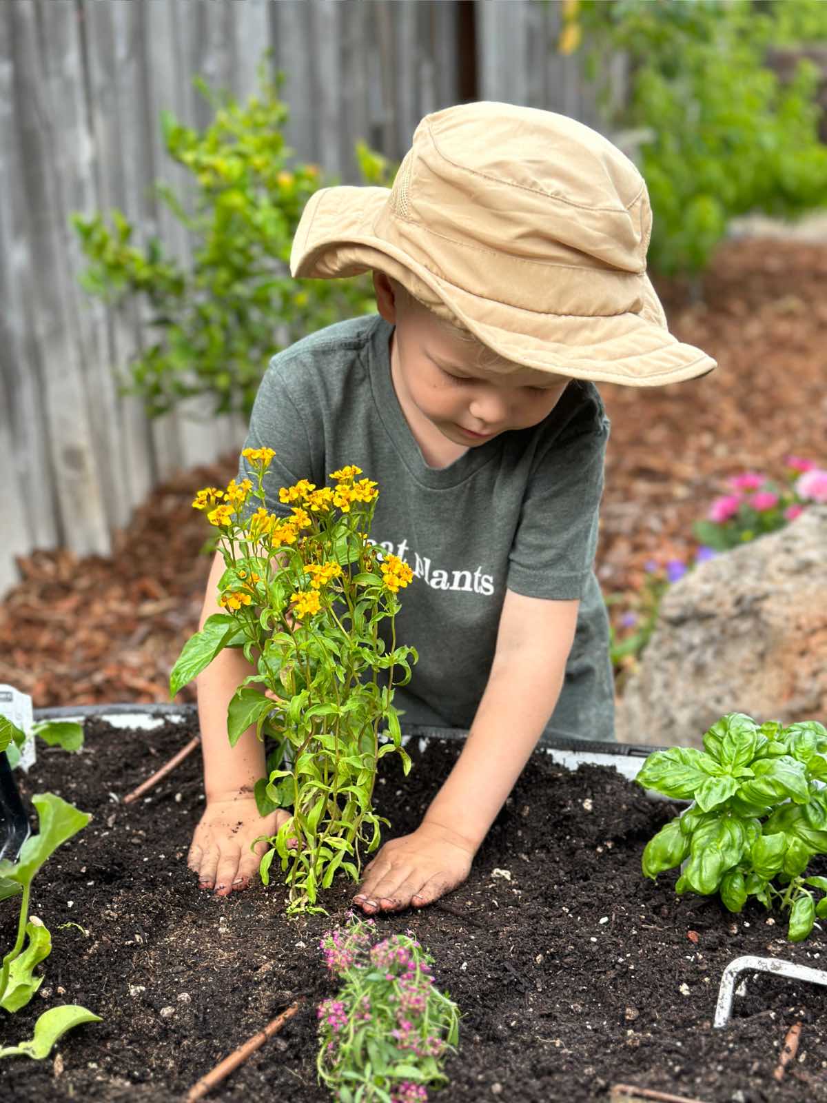 Vegan kid Graham Taylor Miller gardening and planting flowers in his Vego Garden Kid's vegetable bed.
