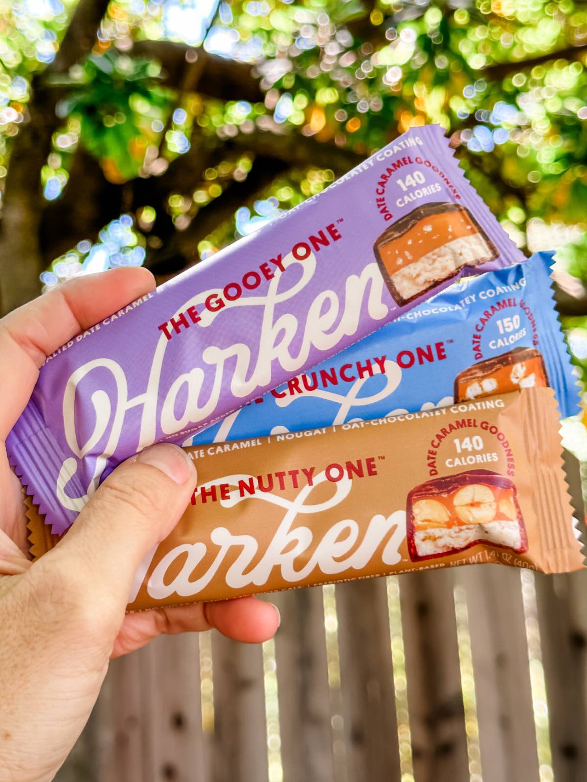 A hand holding up three dairy-free chocolate candy bars.