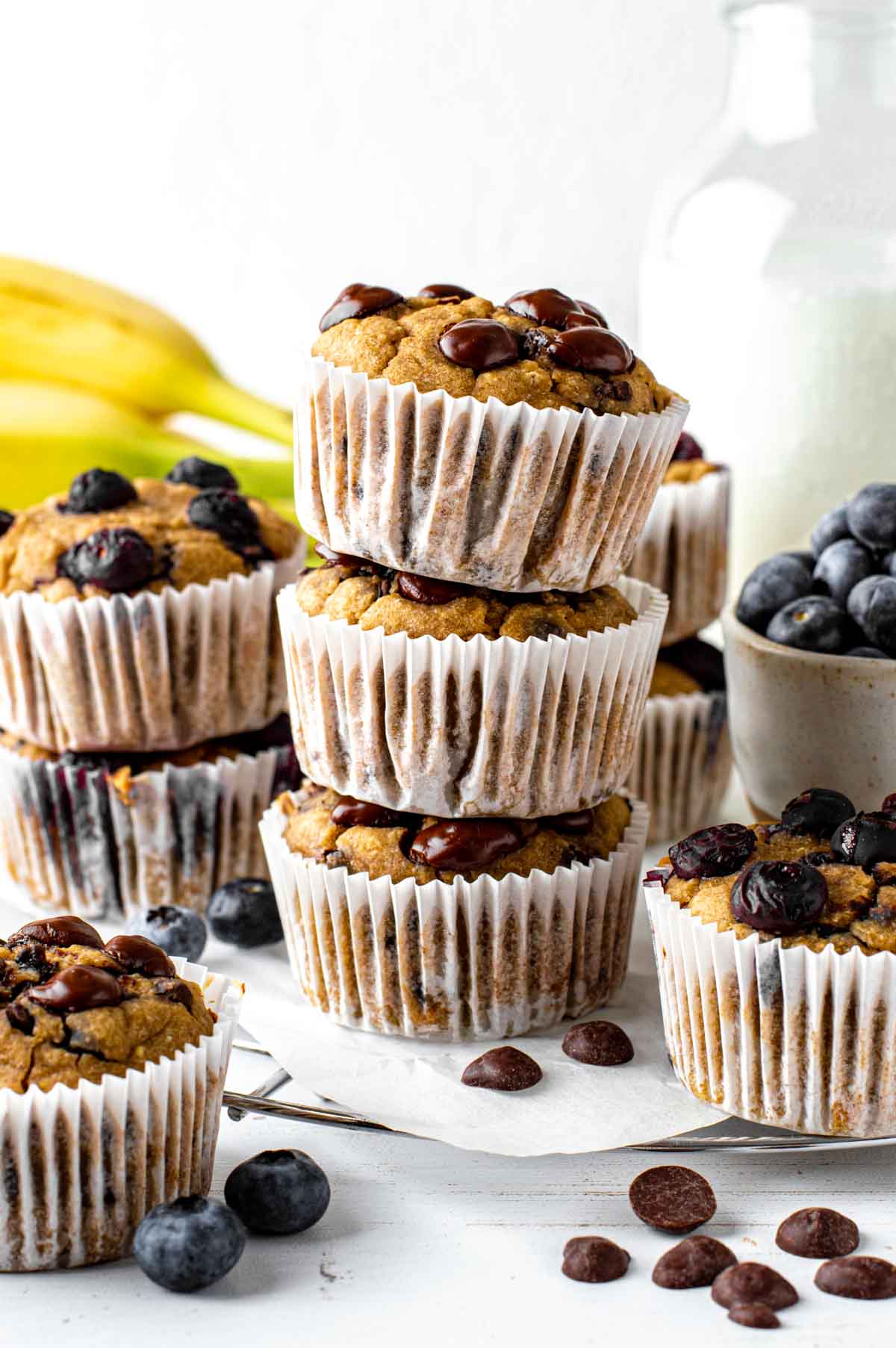 A stack of healthy banana oat muffins, which make a great vegan snack!