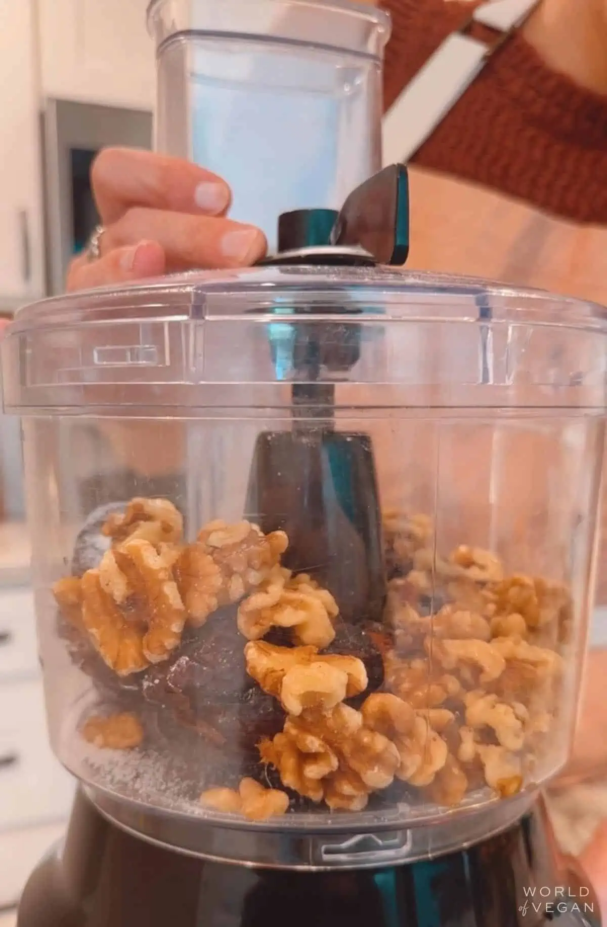 Food processor date walnut ingredients to make the vegan healthy cookie dough cake pop filling.