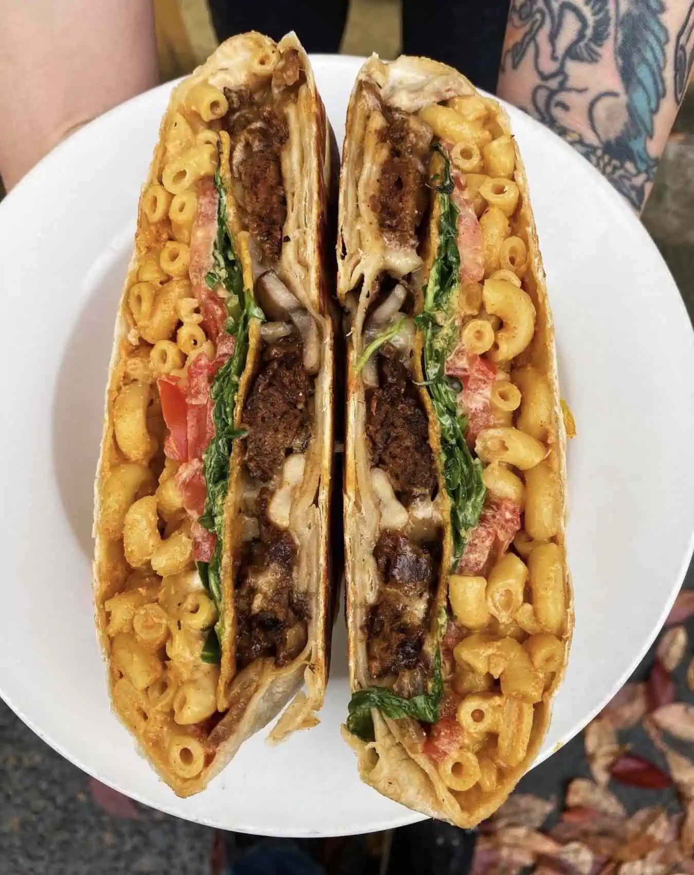 Homegrown smoker vegan mac cheese crunch wrap in Portland, Oregon.