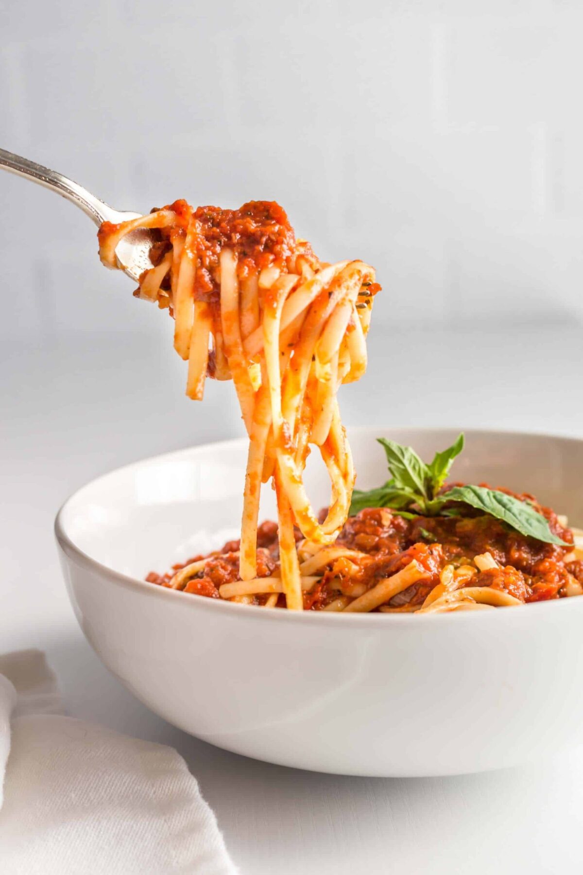 Southern Italian vegan cuisine with pasta in marinara sauce garnished with fresh basil.