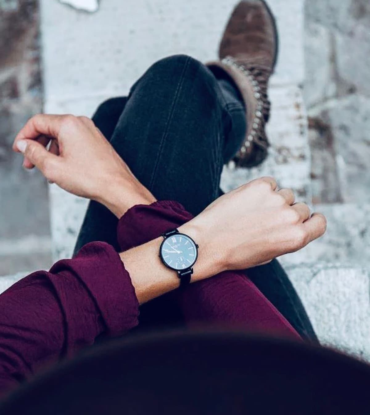 A Hurtig Lane brand vegan watch on a wrist.