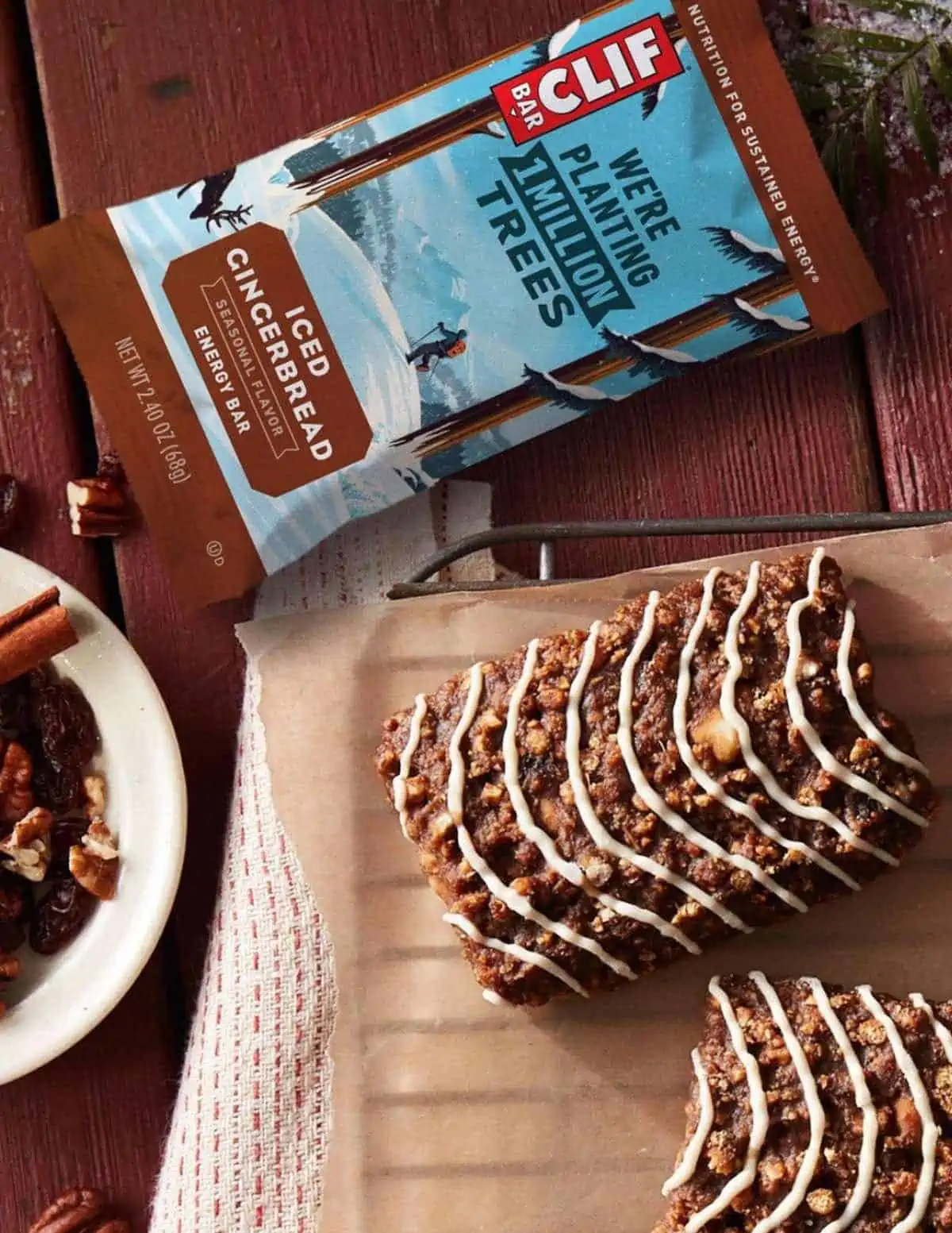 Iced Gingerbread holiday flavor Clif Bar on a cutting board.