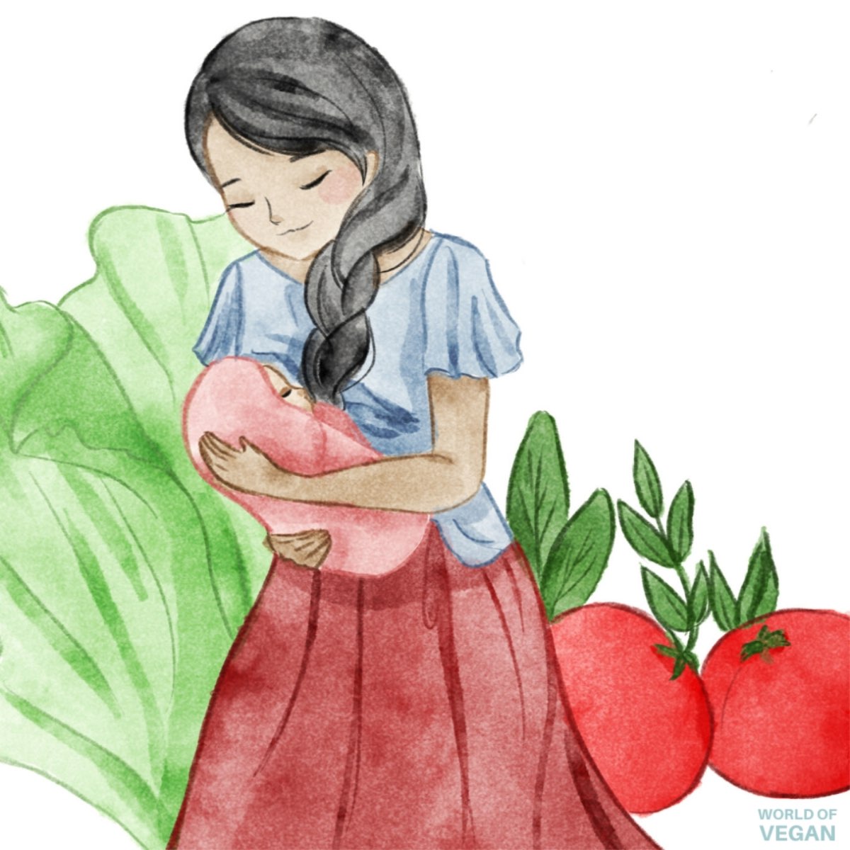 A world of vegan illustration showing a mom breastfeeding her baby.