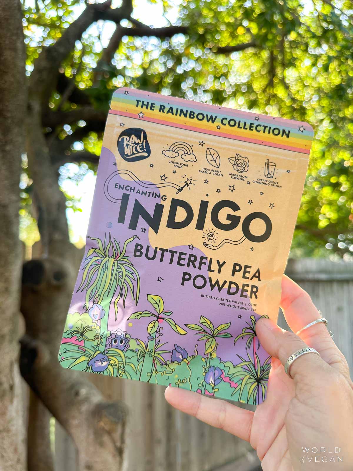 A bag of butterfly pea powder purple food coloring from RawNice.