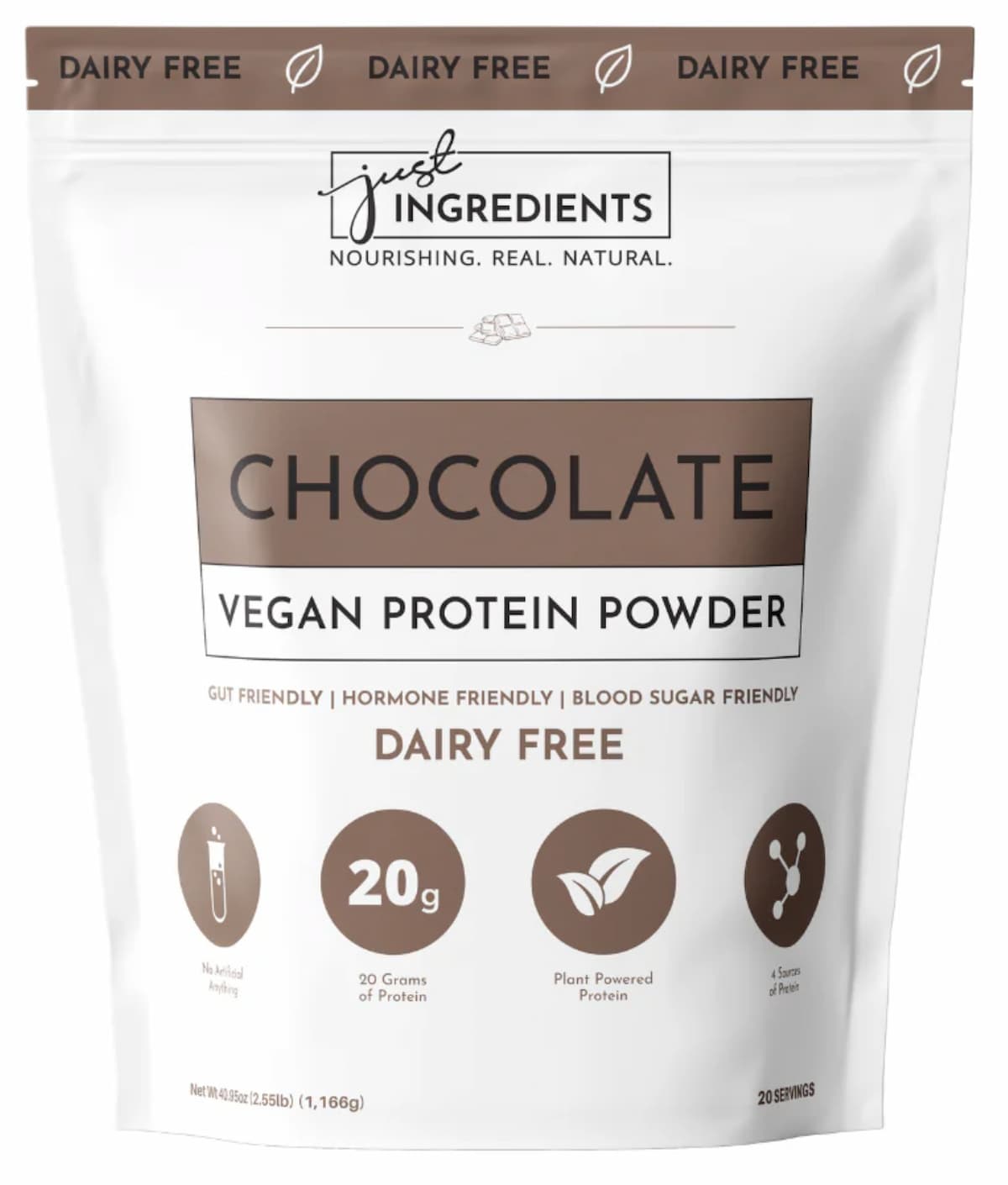 A package of Just Ingredients vegan protein powder, a rich and creamy choice!