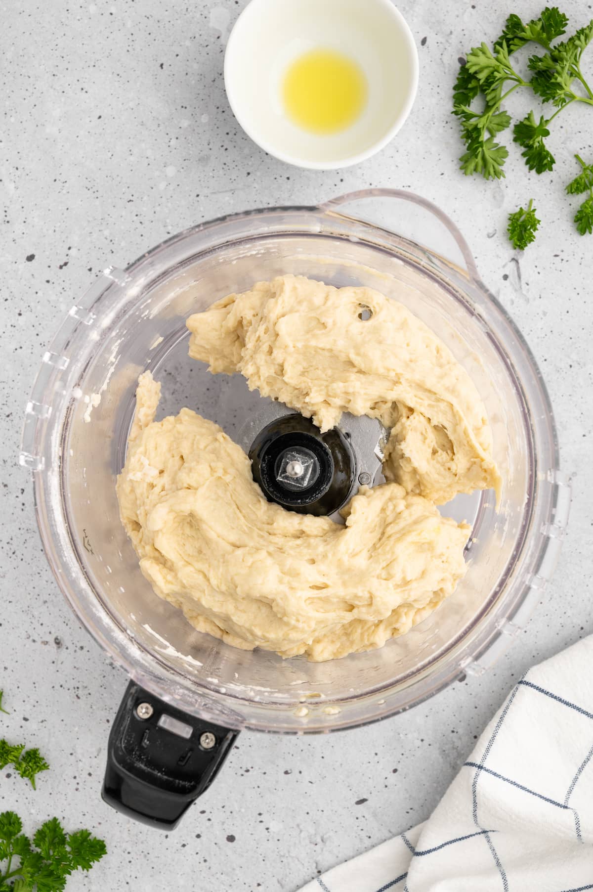 Knish dough blended in a food processor.
