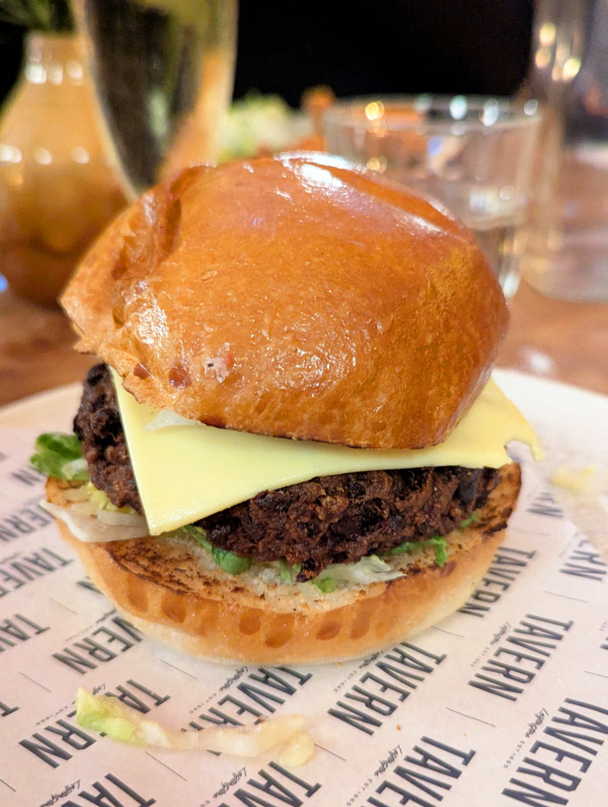 The Plant Powered burger at Leytonstone Tavern featuring a Simplicity patty with vegan cheese.
