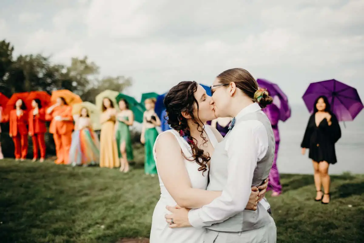 Wedding couple with rainbow wedding party in Cleveland.