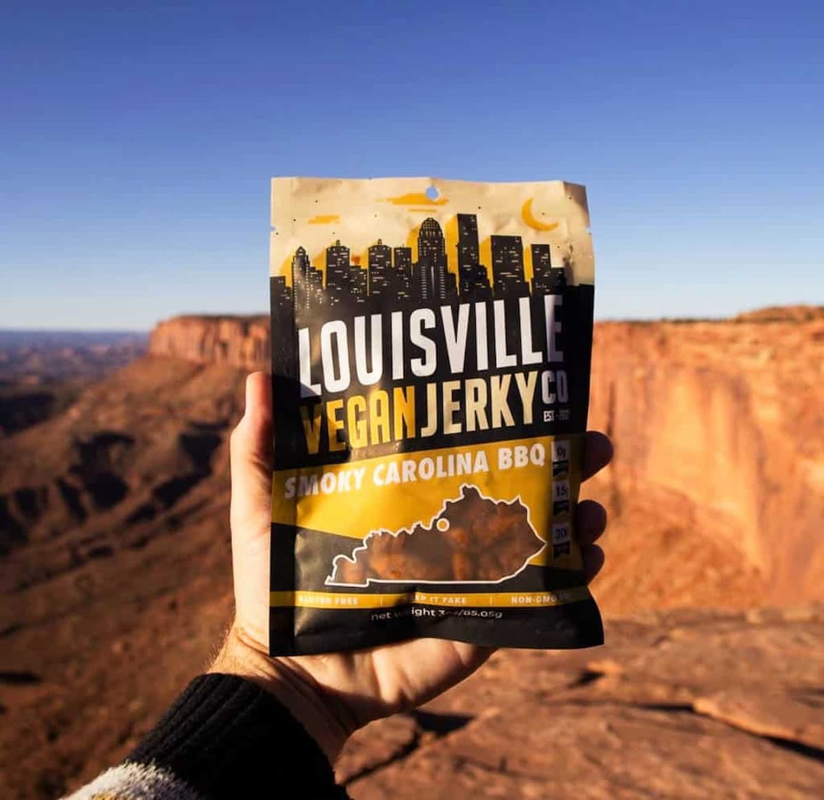 A hand holding up a bag of Louisville brand vegan jerky.