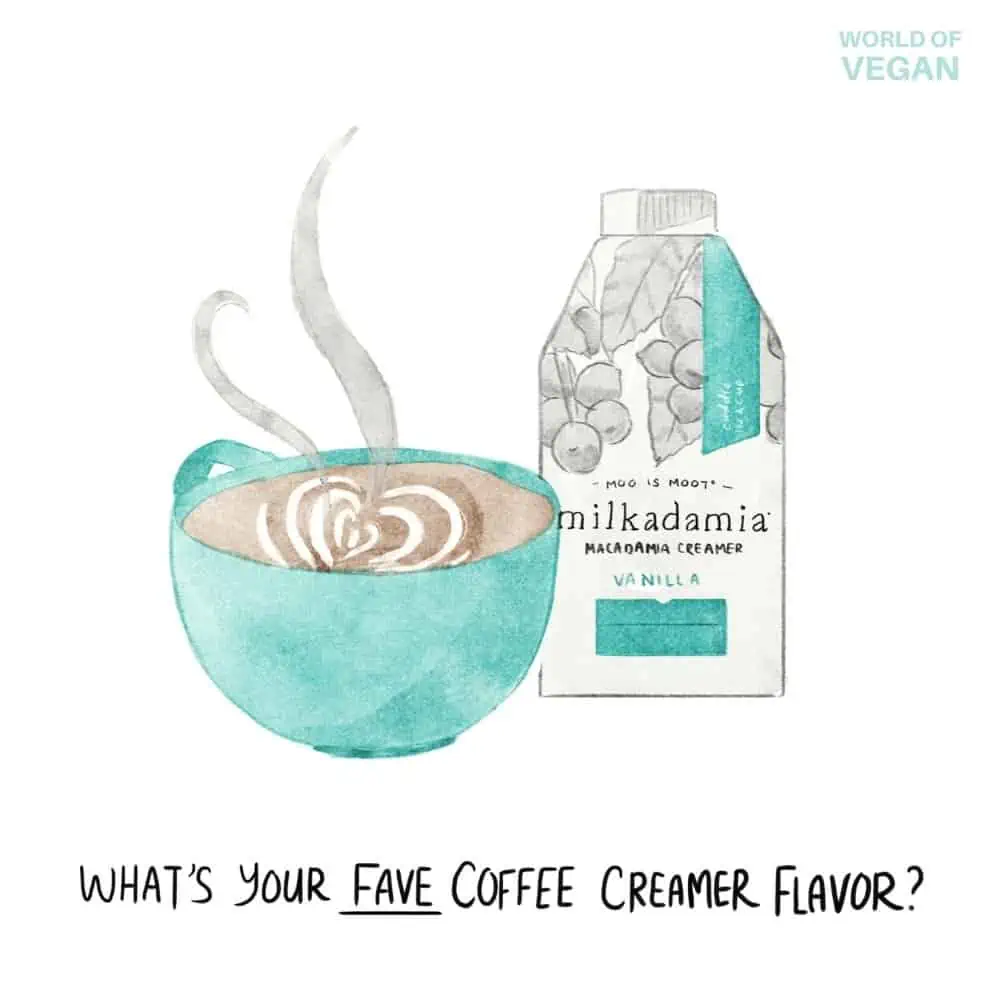 Vegan art illustration of Milkadamia brand dairy-free coffee creamer