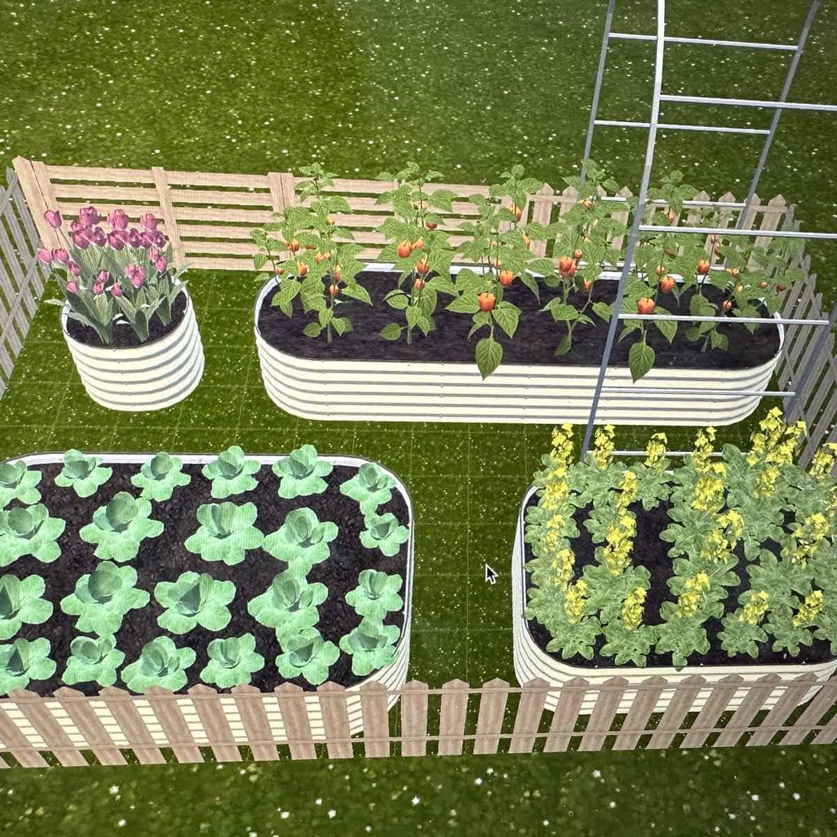 Vego garden bed design layout with four modular metal beds.