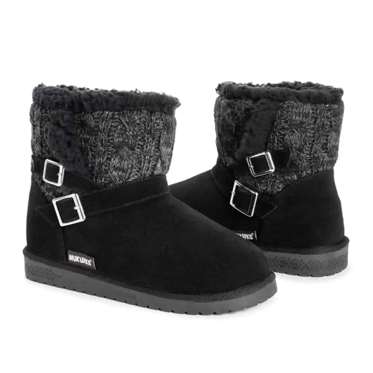 Black vegan Ugg boots from brand Muk Luks with buckles and faux suede and knit upper.