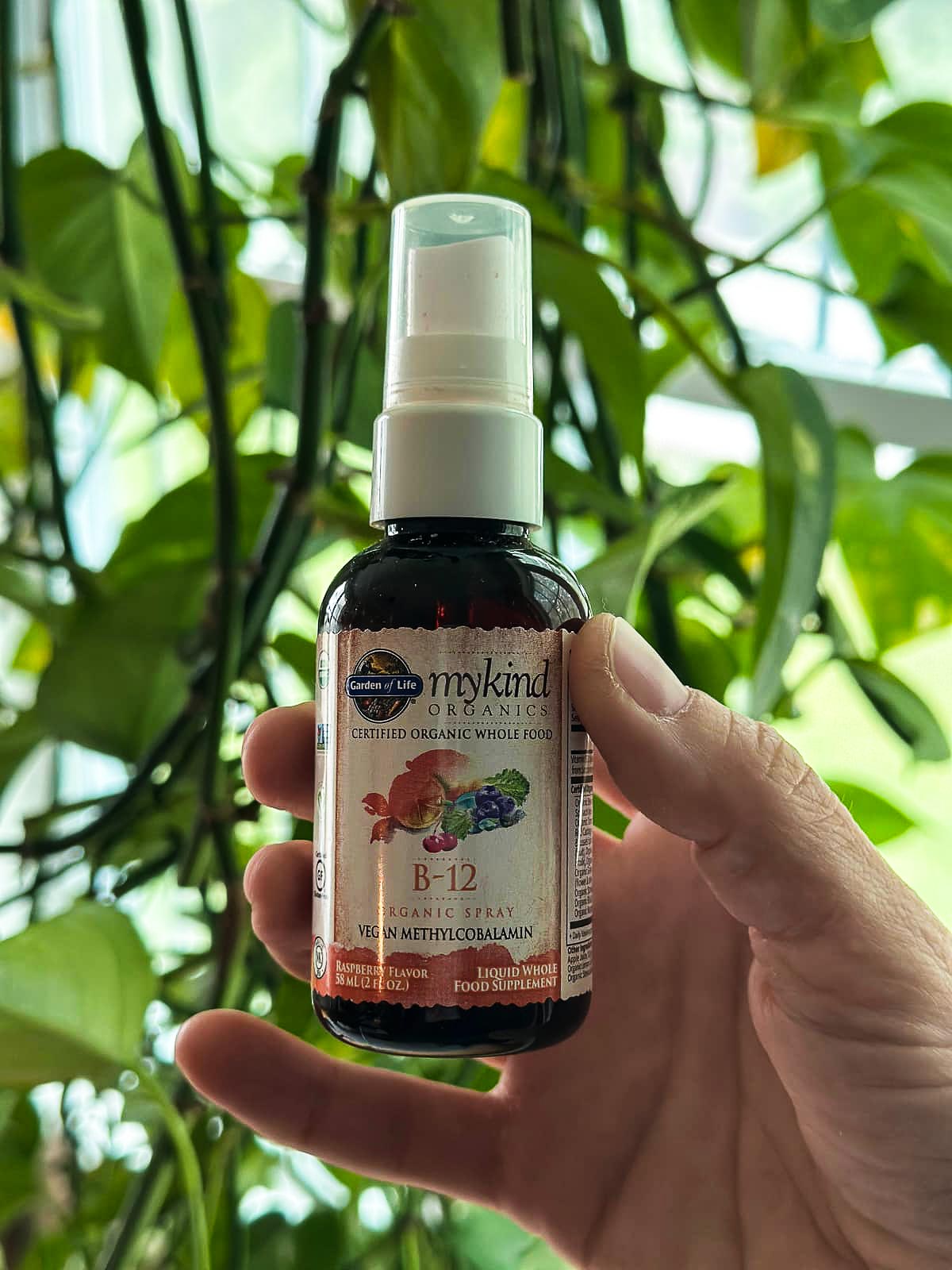 A bottle of mykind brand vegan vitamin b12 spray.