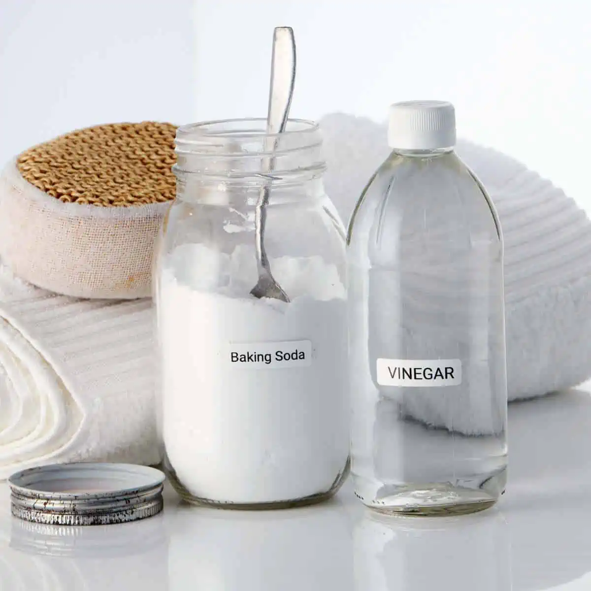 A glass jar filled with baking soda and a glass spray bottle filled with vinegar.