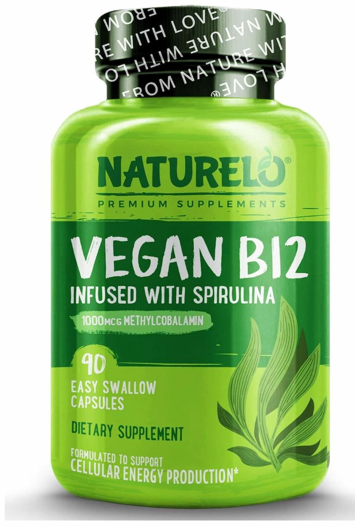 A bottle of Naturelo brand vegan b12 supplement.