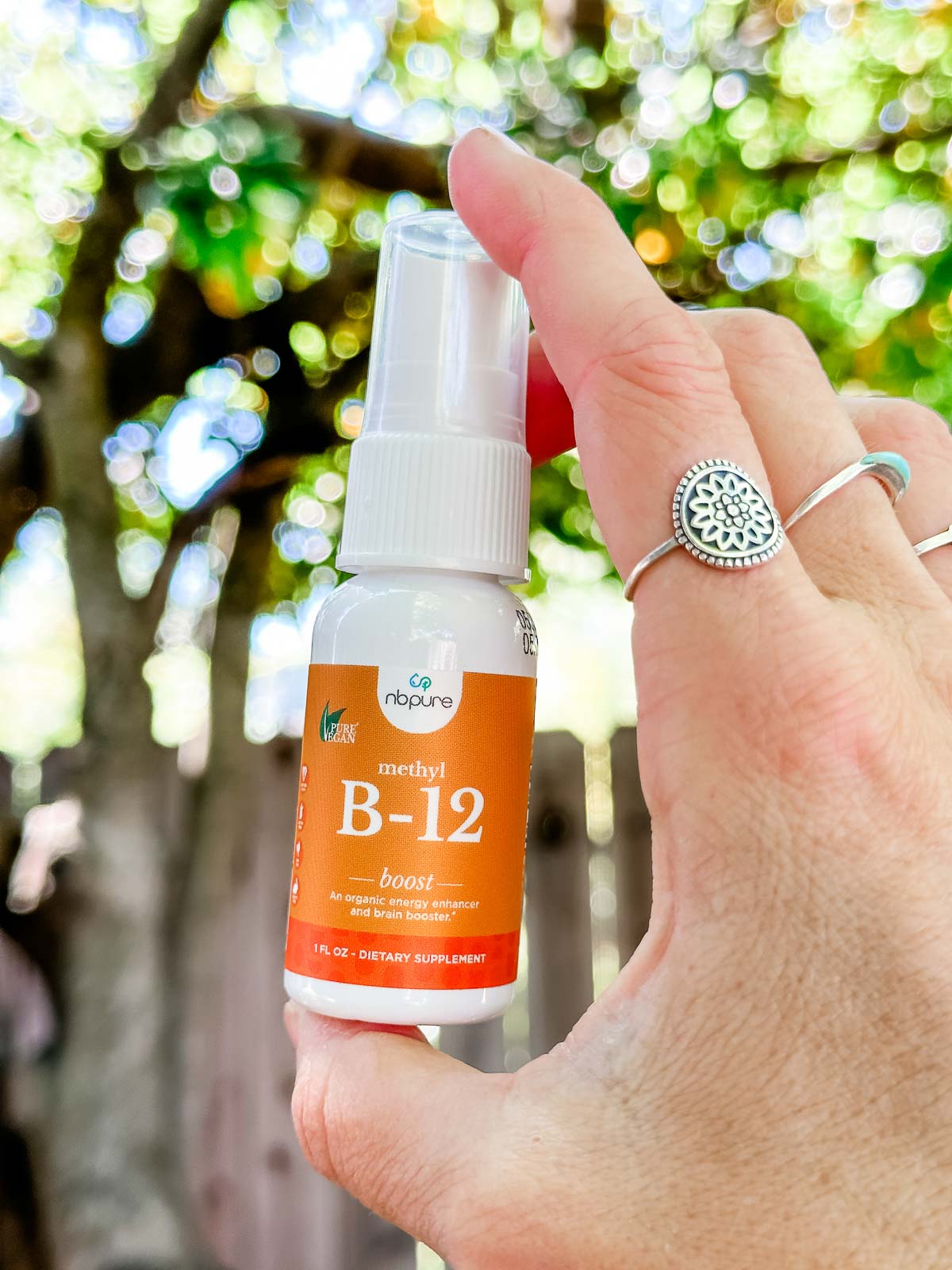 A bottle of NBPure brand vegan vitamin b12 sublingual spray.