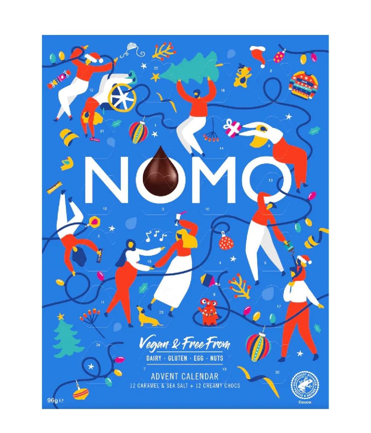 An advent calendar box from the brand Nomo with dairy-free, nut-free, vegan chocolates.