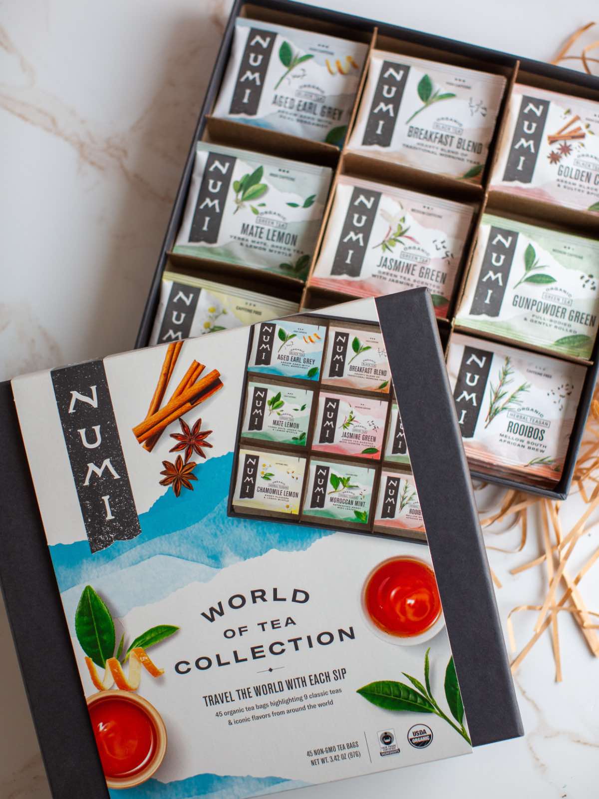 World of Teas gift box from Numi with nine different types of teas in a beautiful box.