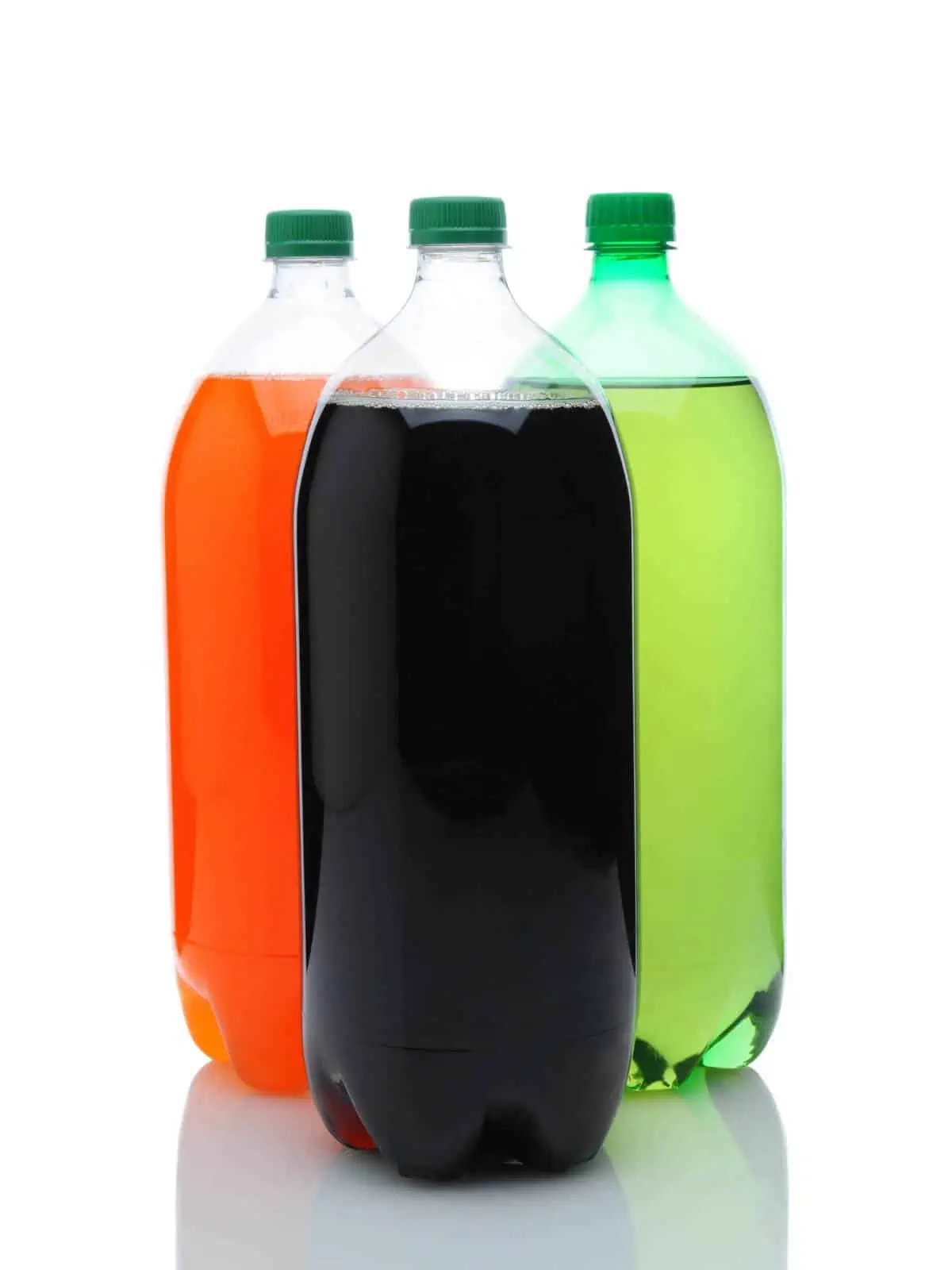 One liter bottles of coke, sprite, and orange soda.