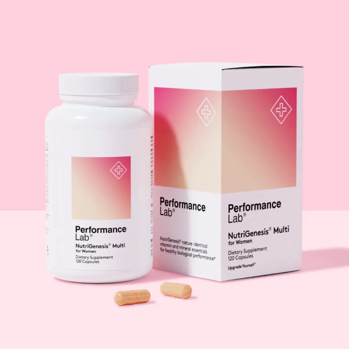A bottle of vegan multivitamins from Performance Lab on a pink table and background.