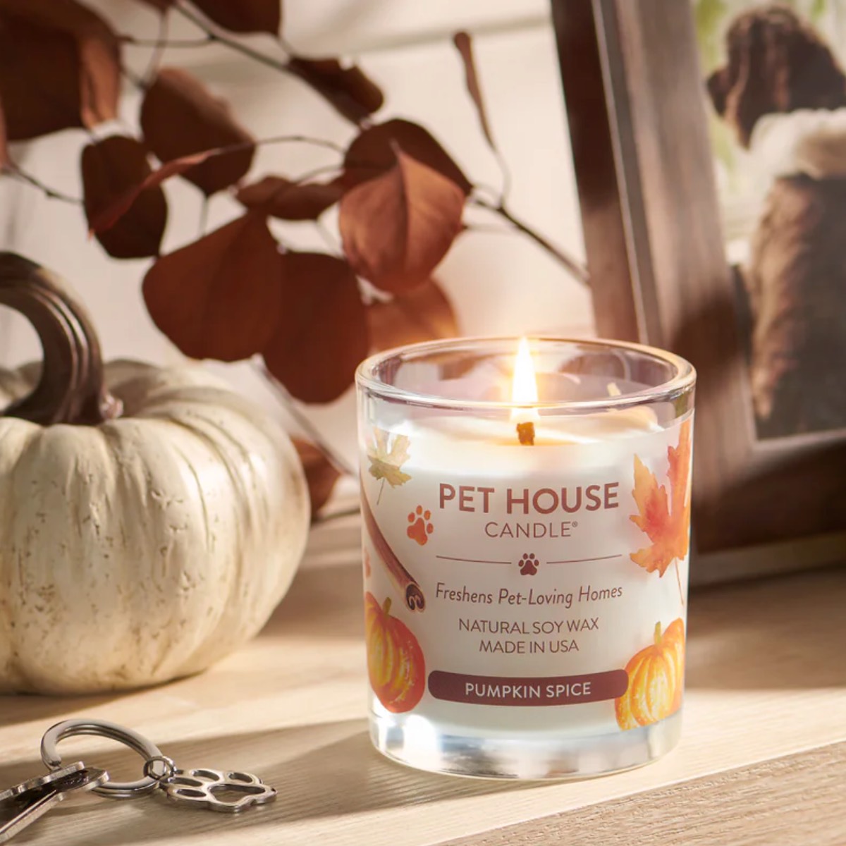 Flickering lit vegan candle from the brand Pet House with fall pumpkin decorations around it.