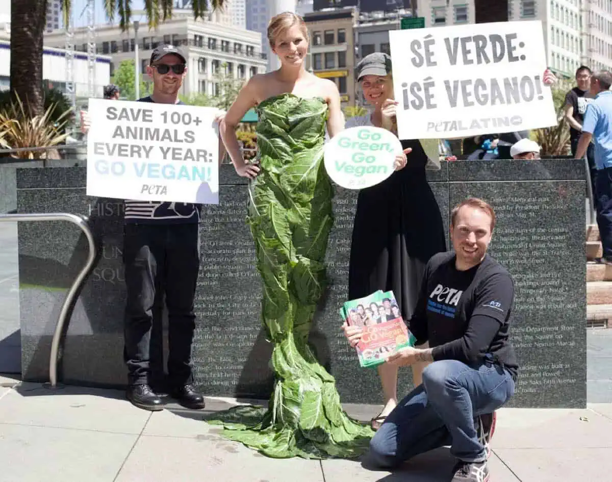 PETA Demo in downtown San Francisco with Michelle Cehn wearing a lettuce dress encouraging people to go green.