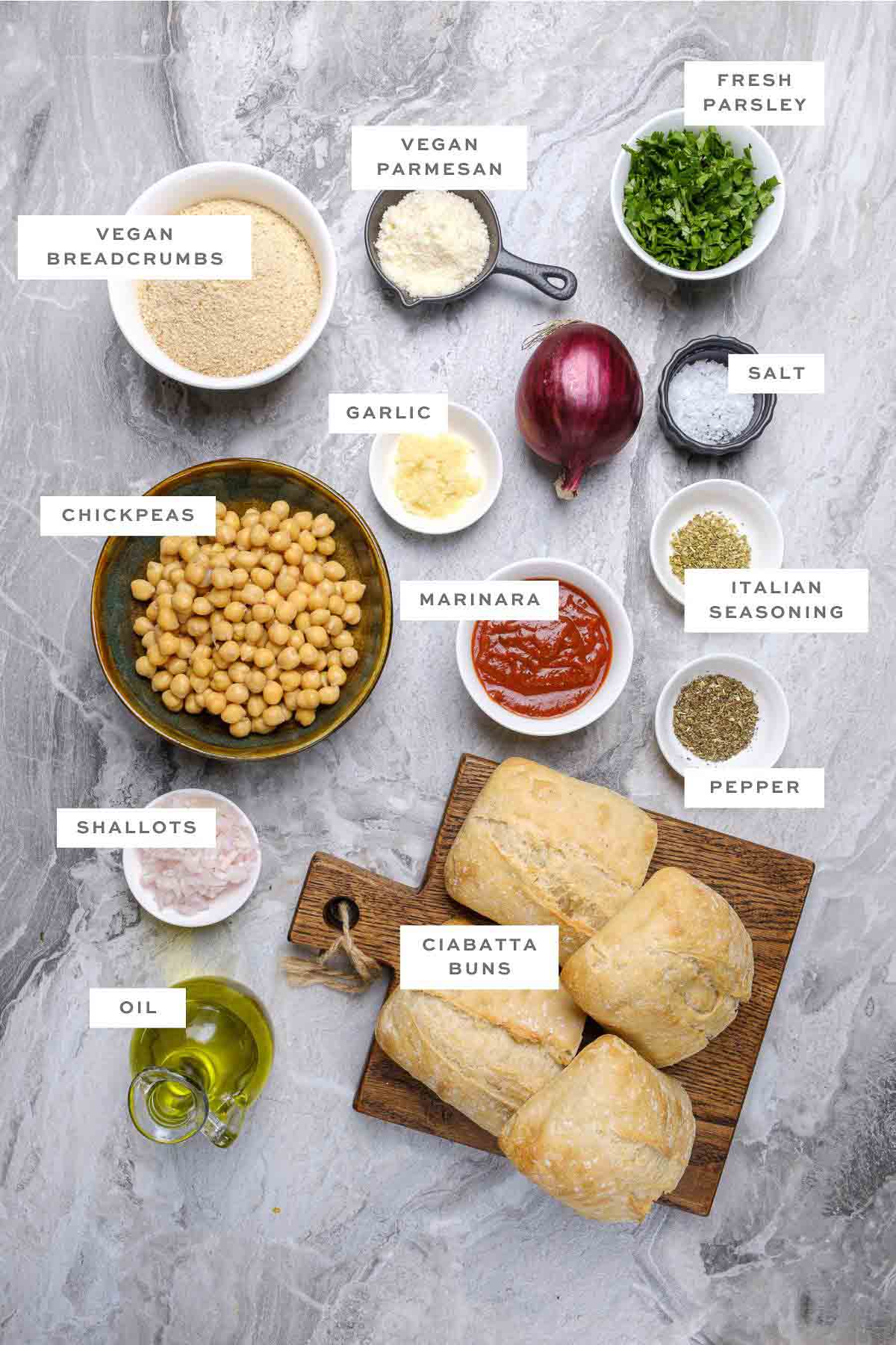 Key ingredients for vegan pizza burgers with labels.