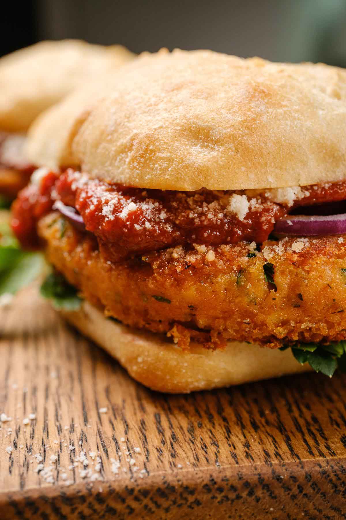 A close-up shot of a pizza burger.