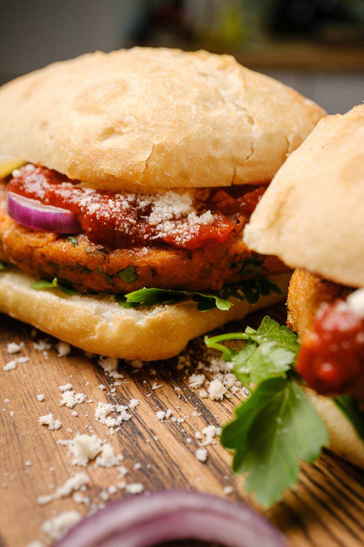 Pizza burgers on ciabatta buns.