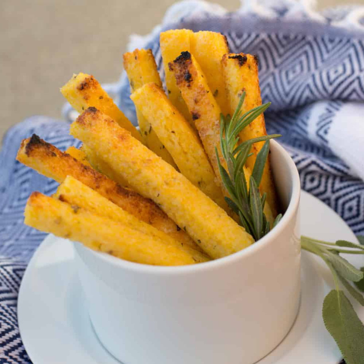 Baked polenta fries in a serving bowl.