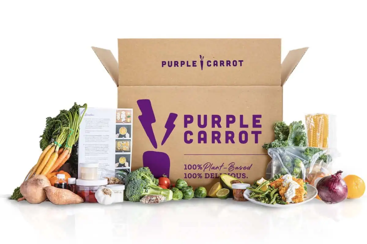 Box of vegan food ingredients from Purple Carrot meal prep kits.