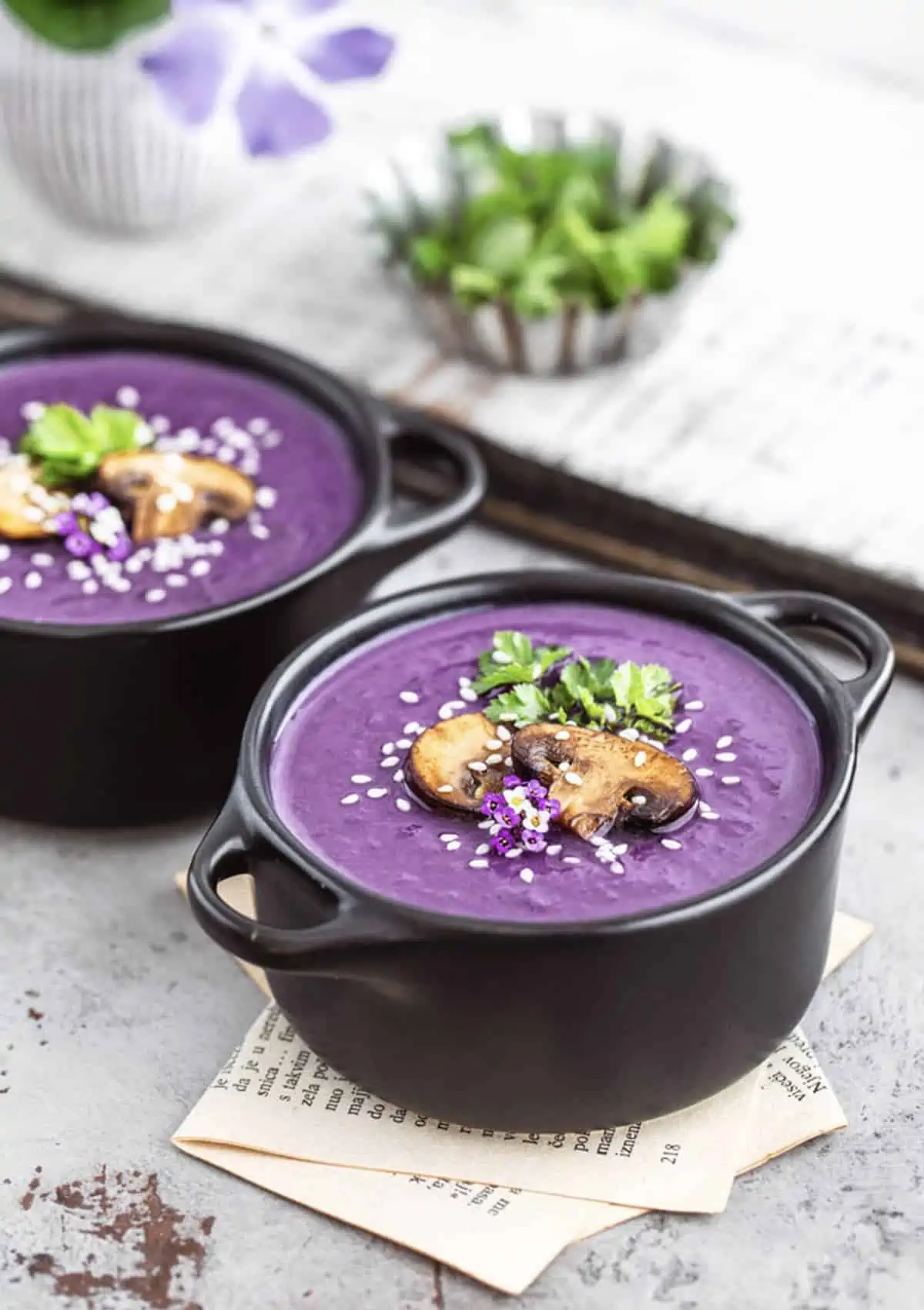 The most beautiful purple soup made witht sweet potatoes.