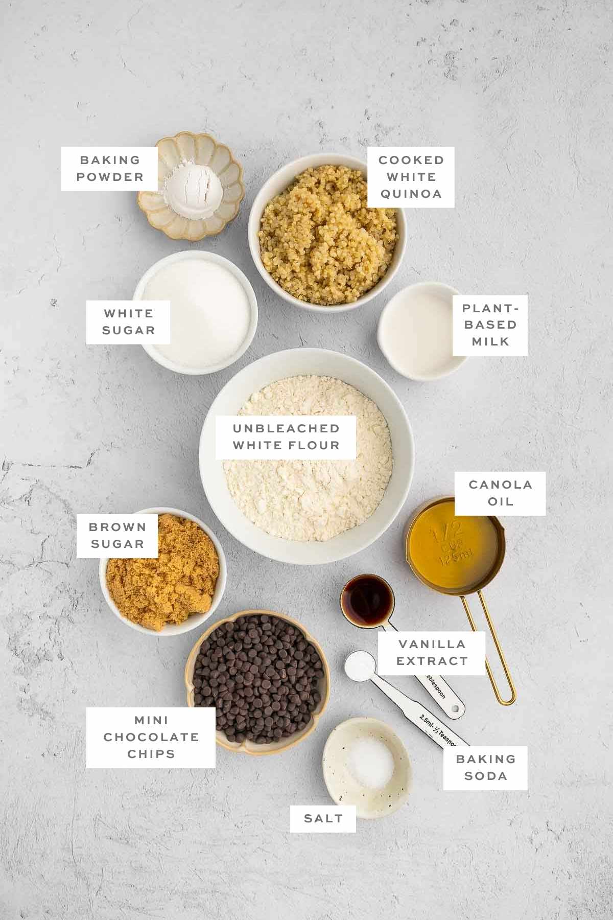 Key ingredients for quinoa cookies, with labels.