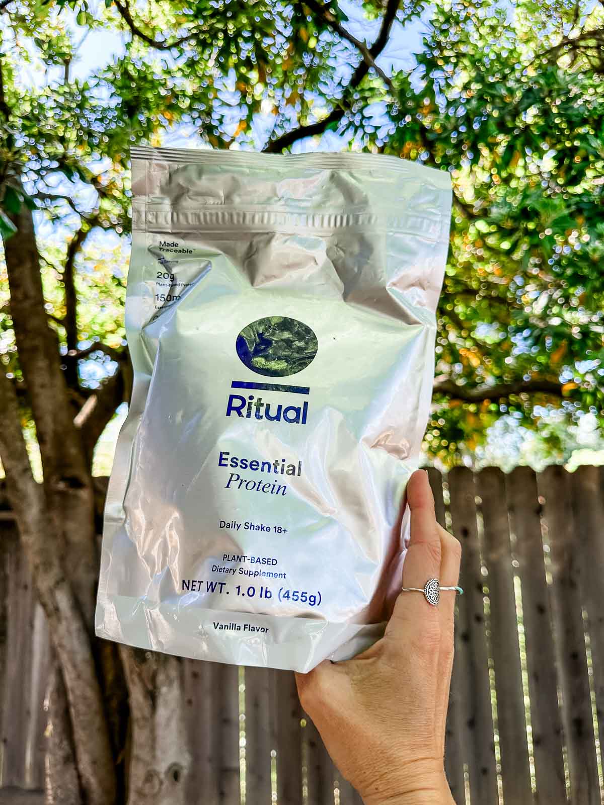 A package of Ritual brand vegan protein powder.