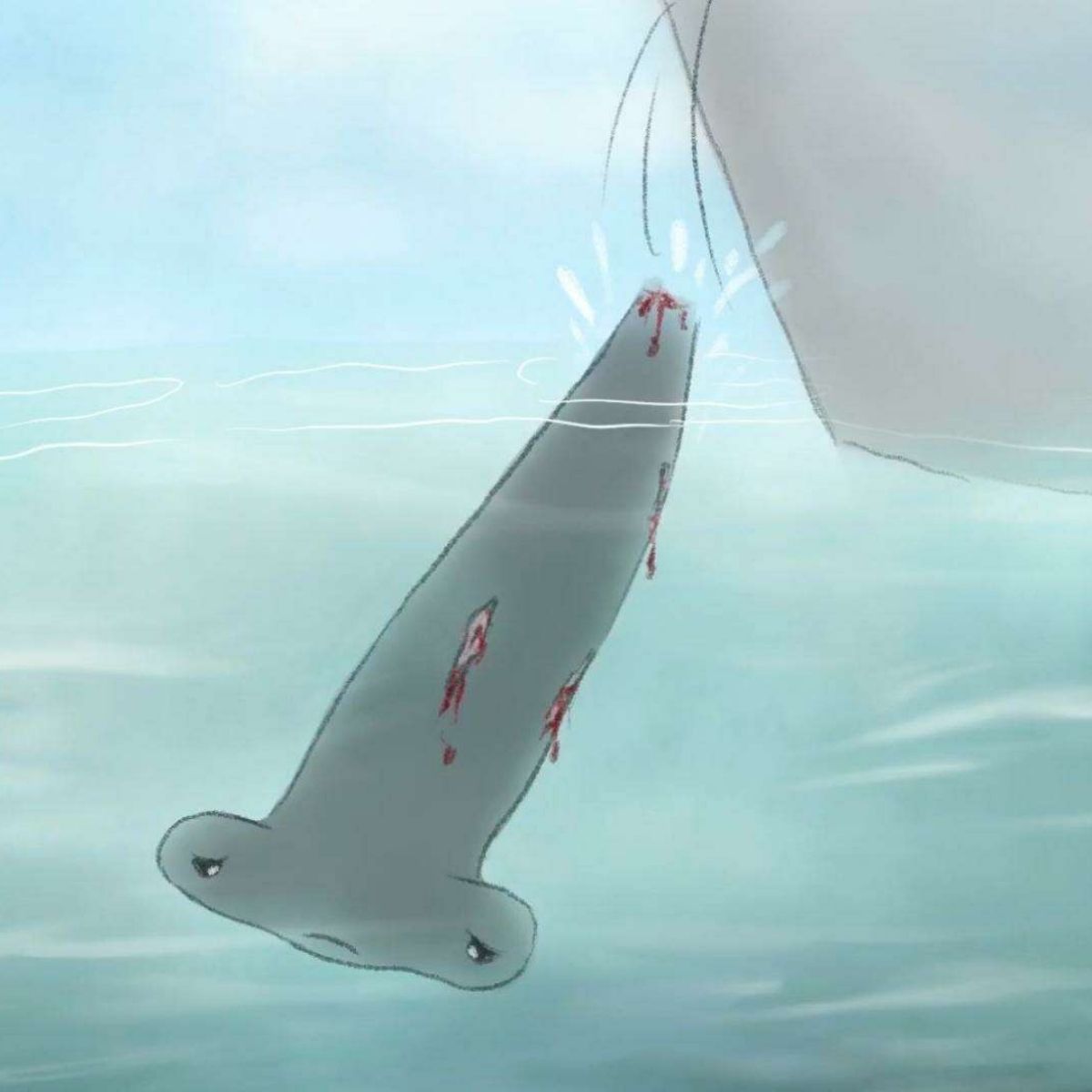 Illustration of a shark with its fins removed, symbolizing the cruelty and wastefulness of shark finning.