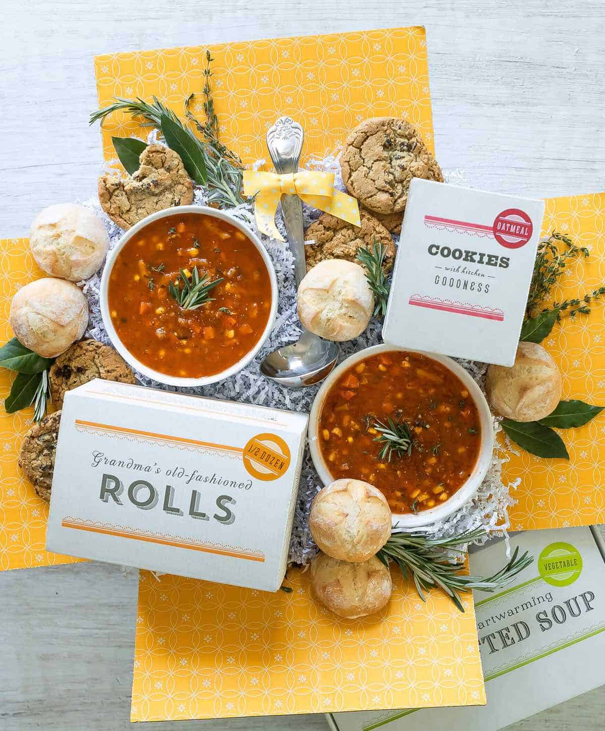 Vegan soup and cookies gift basket from Spoonful of Comfort.