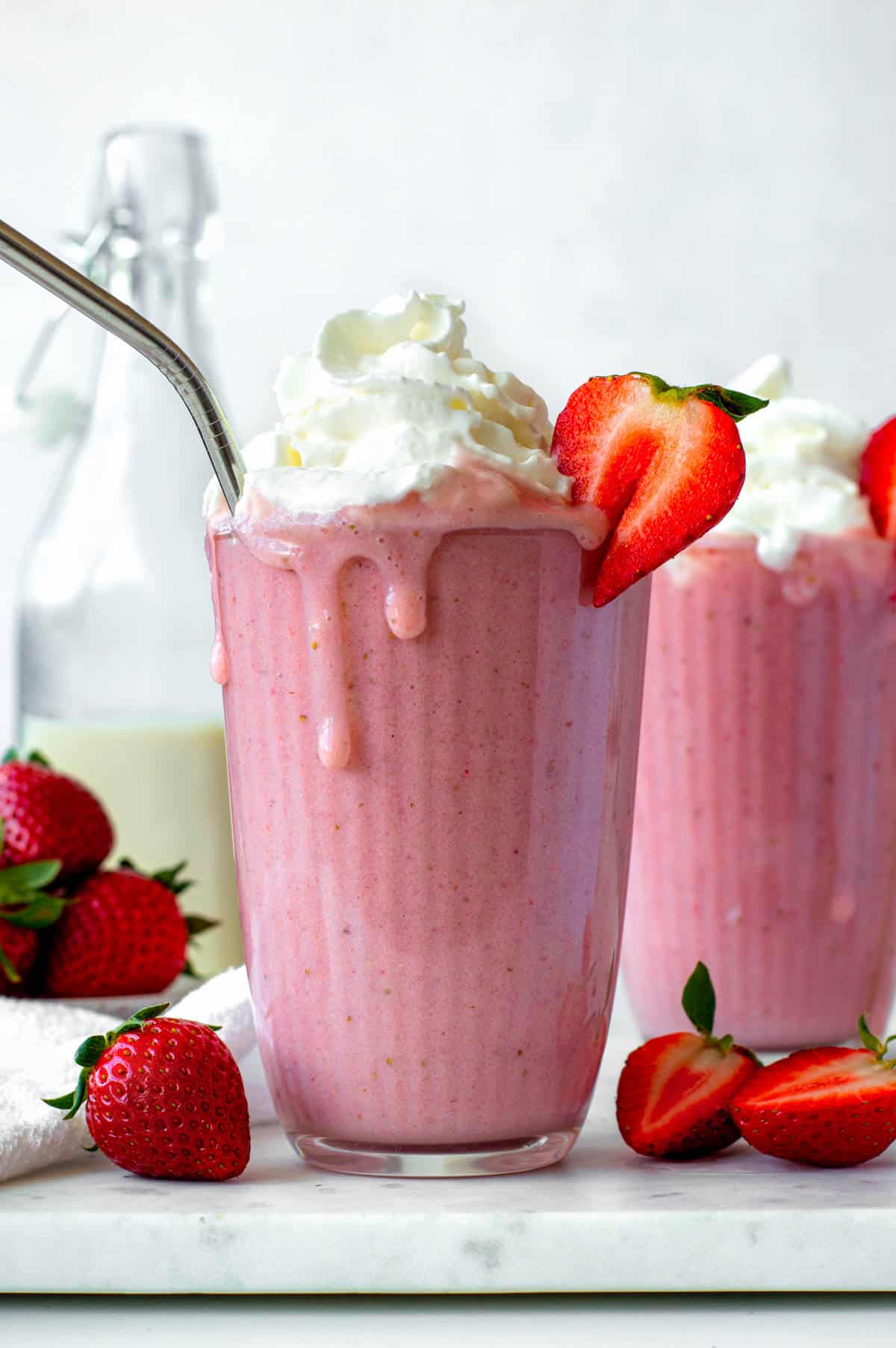 A strawberry and banana dairy-free milkshake.