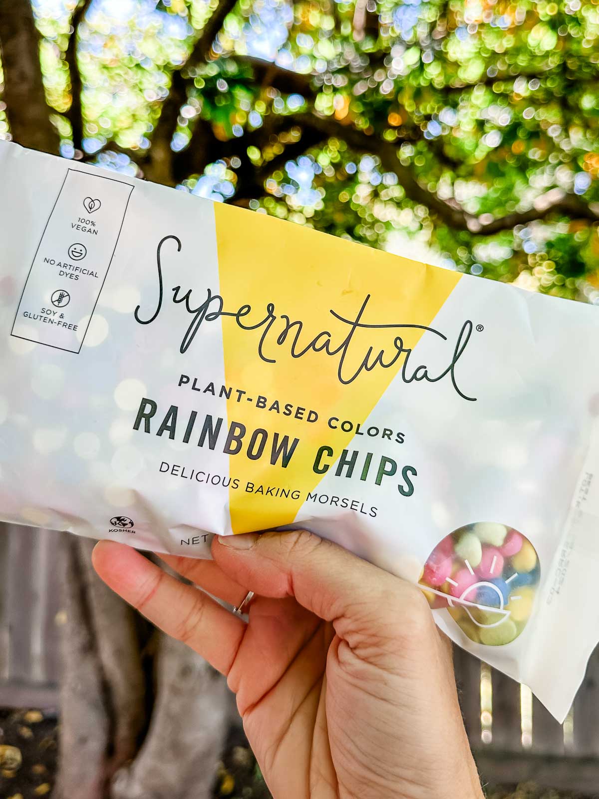A bag of Supernatural brand rainbow chips.