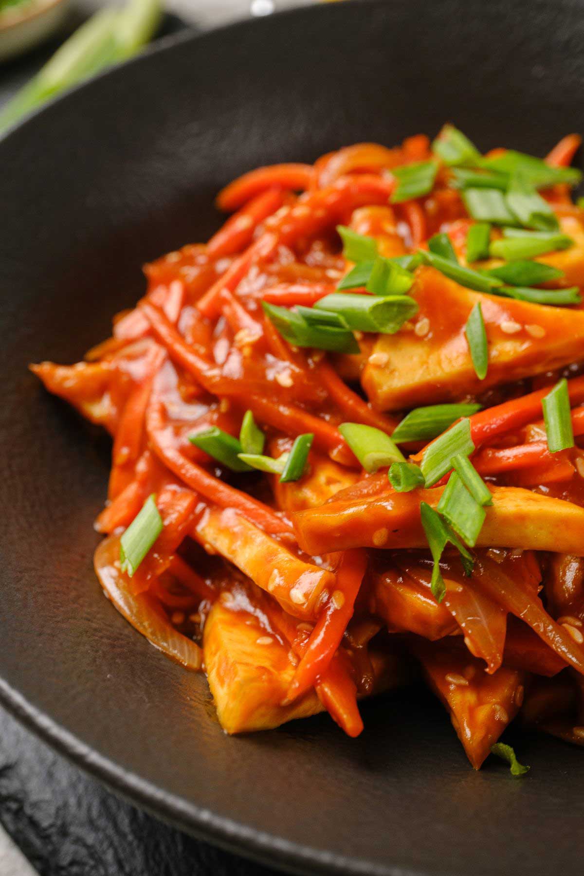 Sweet and sour tofu, plated.