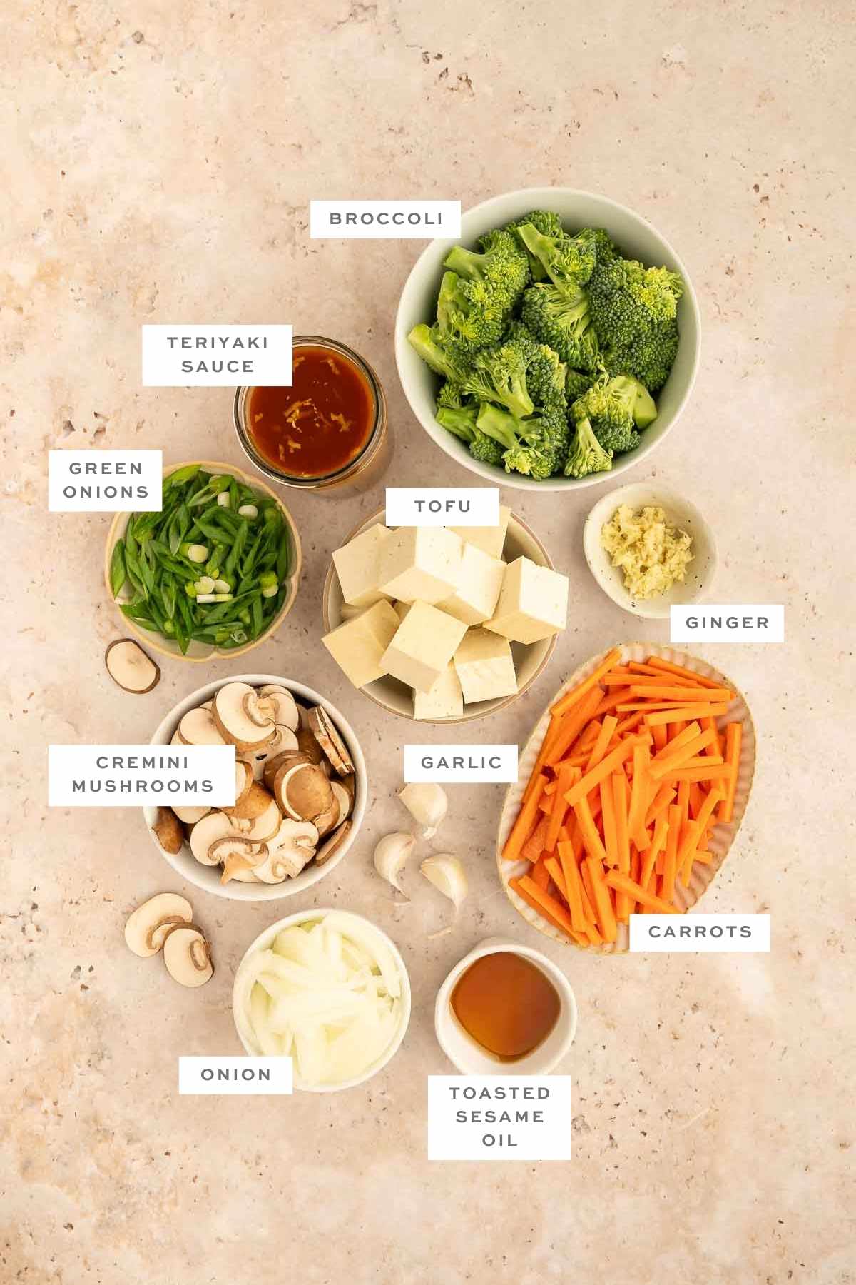 Labeled ingredients for making homemade teriyaki stir fry with tofu and vegetables.