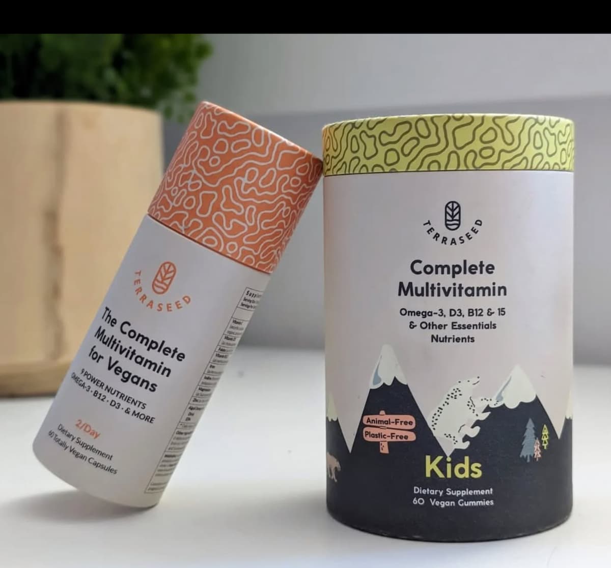 Two containers of Terraseed plant-based multivitamins.