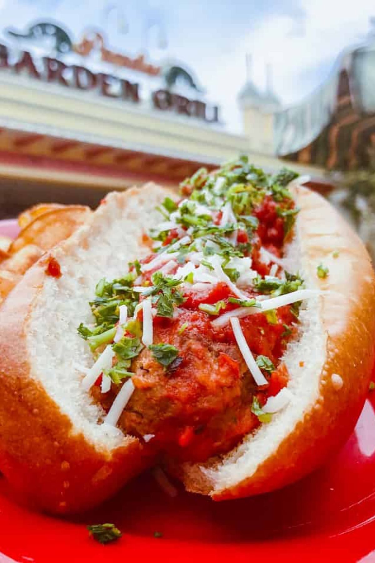 Vegan meatball sub with marinara sauce and plant-based cheese at California Adventure, served with crispy fries, showcasing a delicious plant-based meal option.