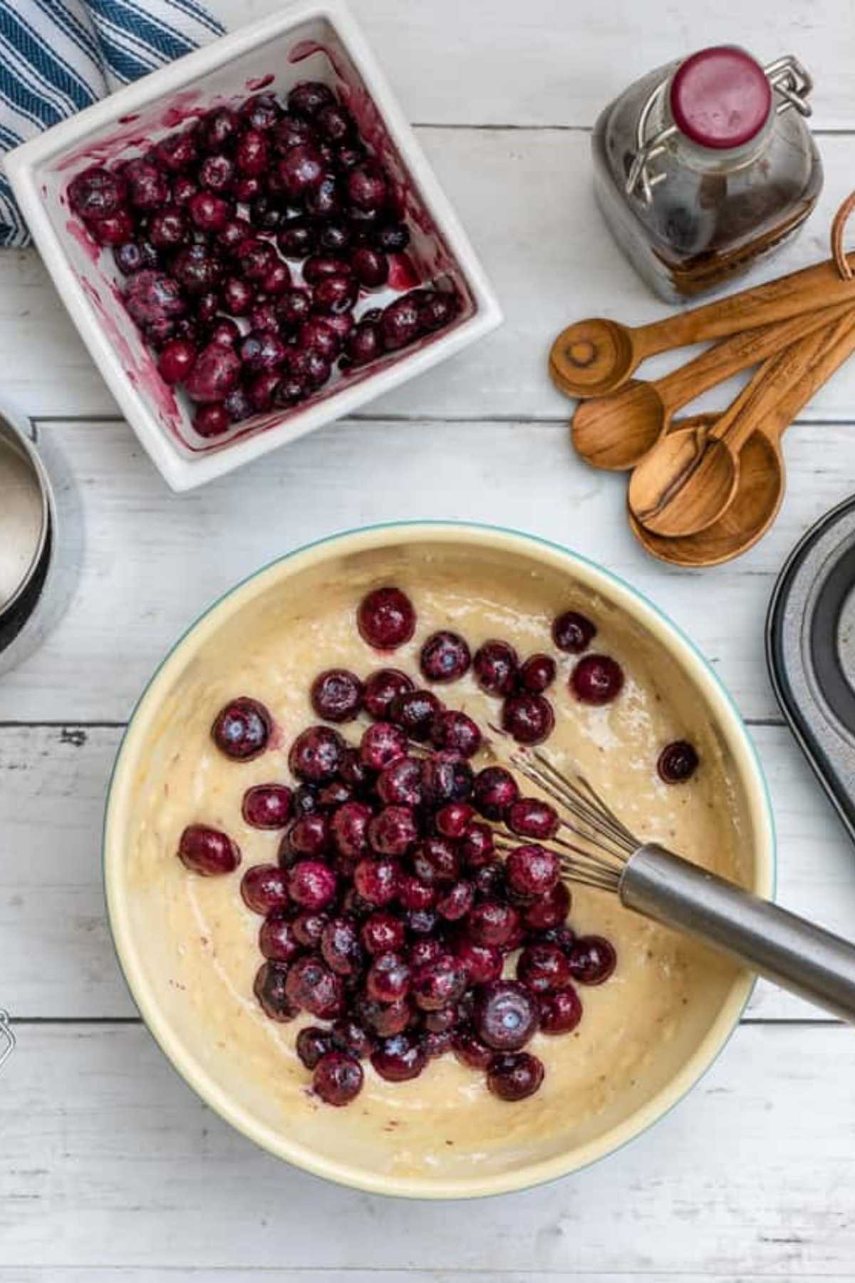 Vegan muffin batter with blueberries on top.