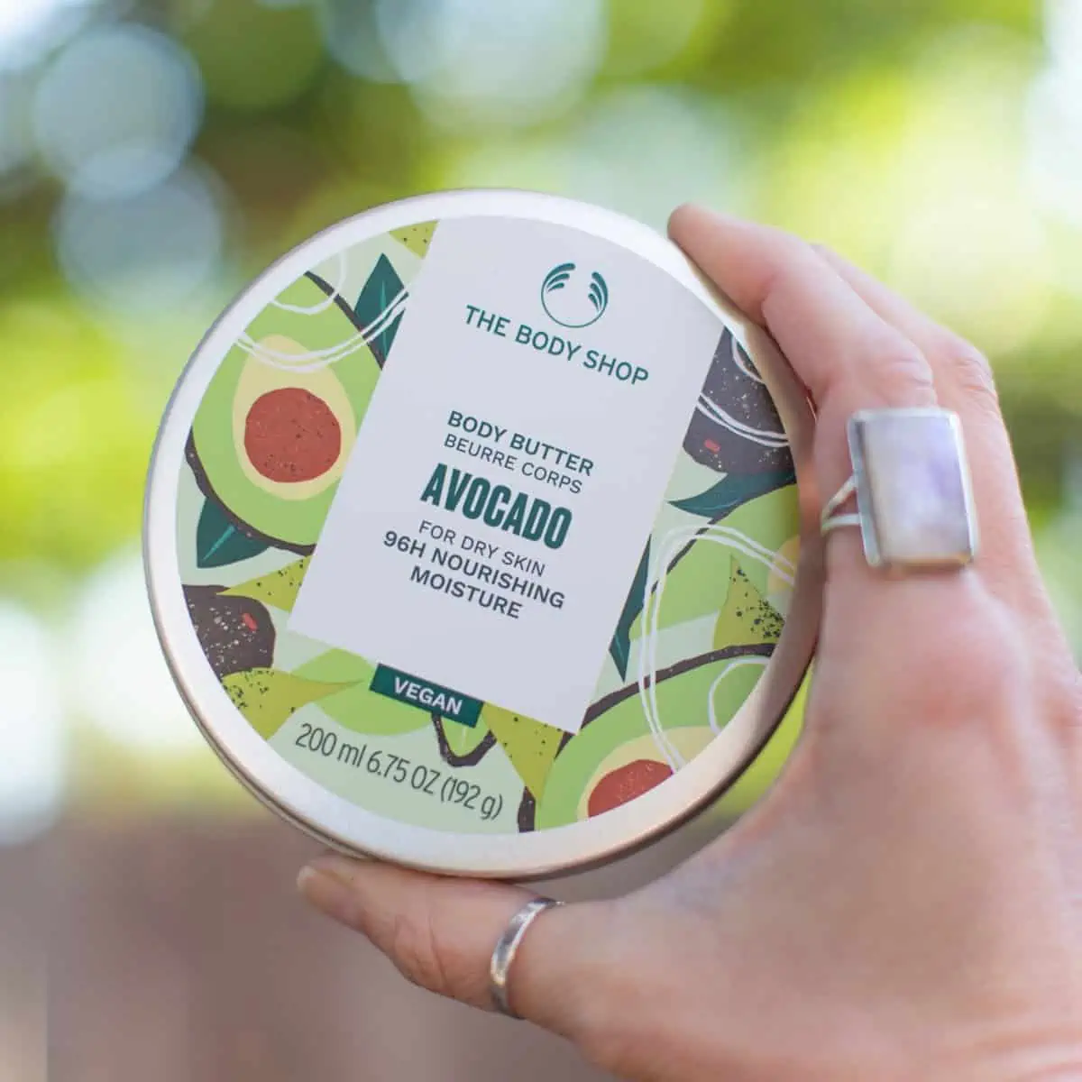 A tin of The Body Shop brand avocado body butter.